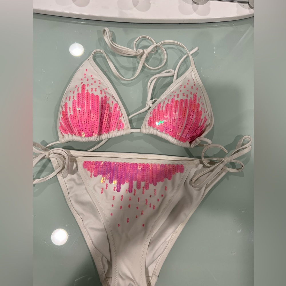 Victoria’s Secret White bikini with pink sequins M S - Picture 1 of 3